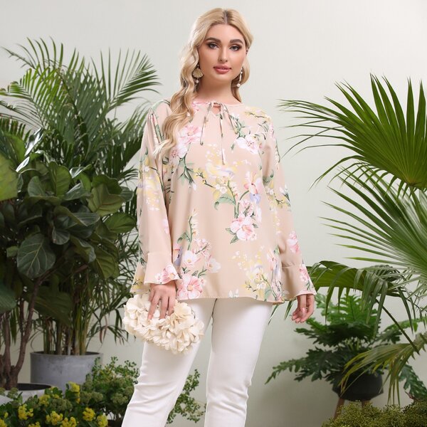 

Plus Tie Neck Floral Print Blouse, Apricot