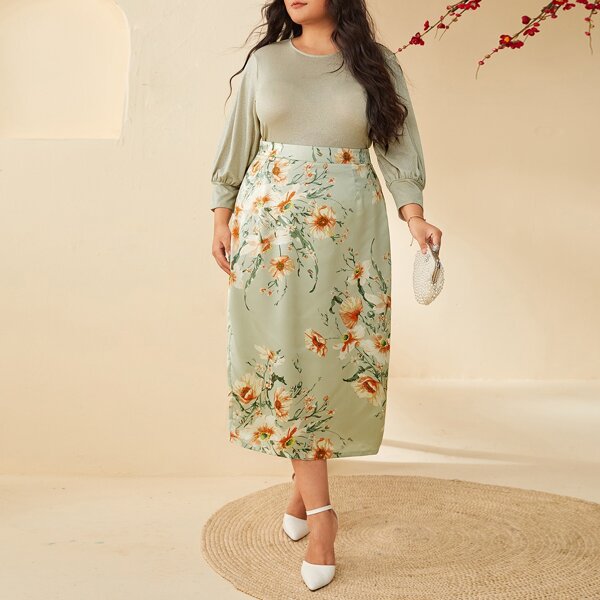 

Plus Lantern Sleeve Top & Floral Skirt Set, Lime green