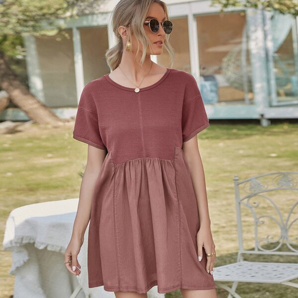 

Waffle Knit Panel Smock Dress, Redwood
