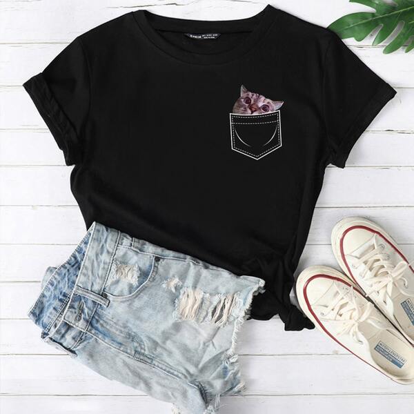 

Cat Print Round Neck Tee, Black