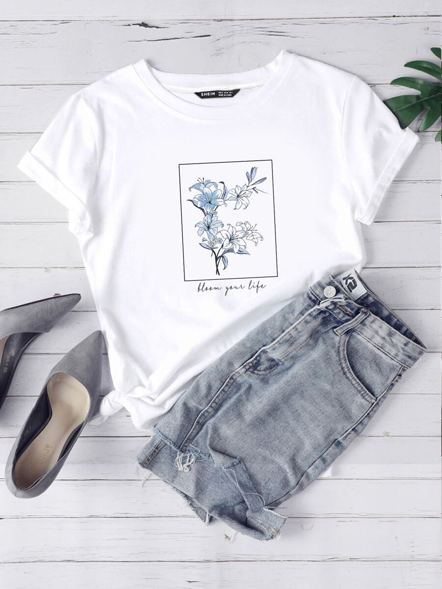 SHEIN LUNE Camiseta con estampado floral con slogan - Blanco - Ver 1