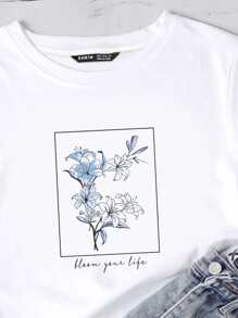 SHEIN LUNE Camiseta con estampado floral con slogan - Blanco - Ver 4