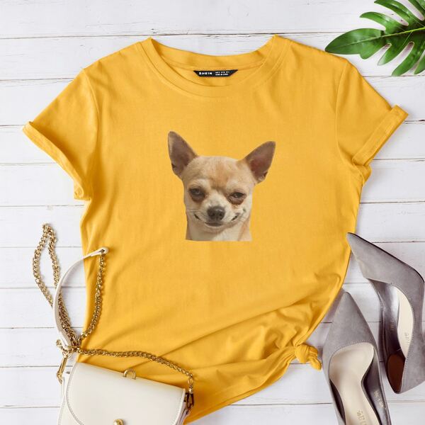 

Dog Print Crew Neck Tee, Mustard yellow