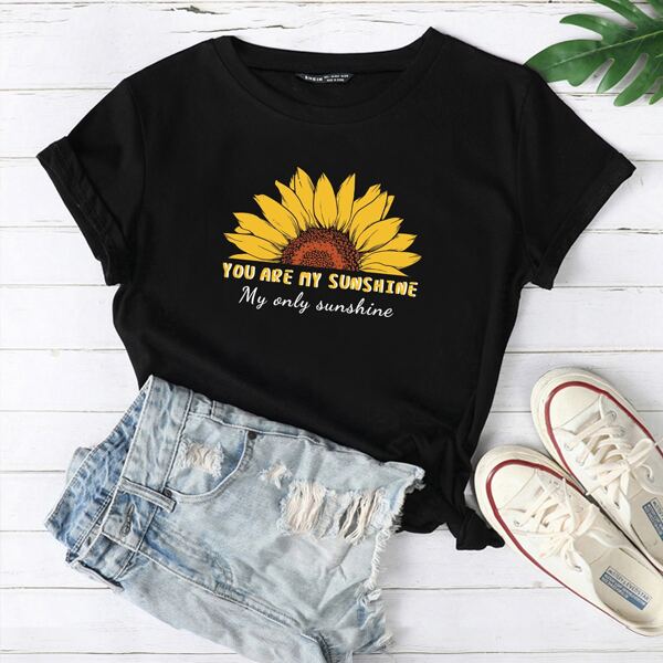 

Floral & Slogan Graphic Tee, Black