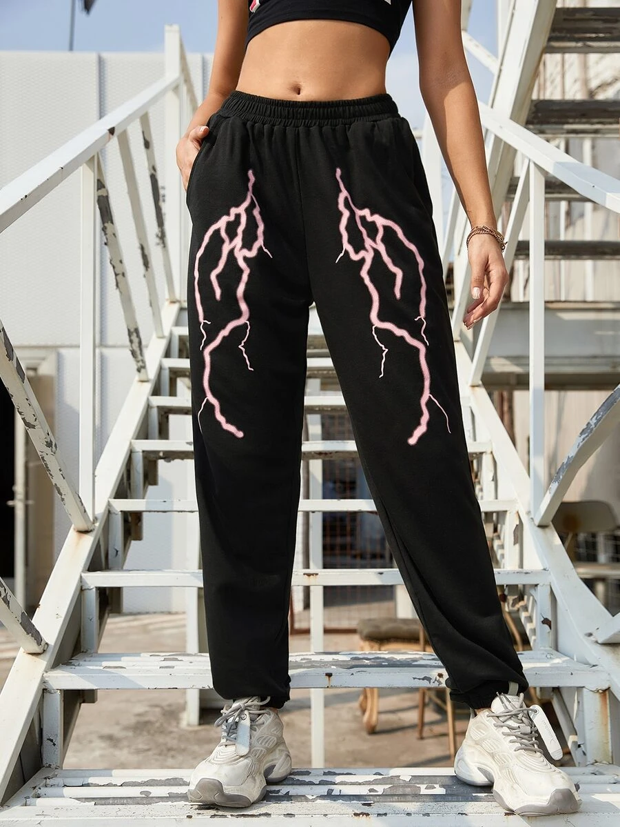 Lightning Print Pocket Side Sweatpants - Black - View 1