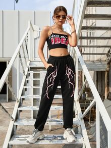 Lightning Print Pocket Side Sweatpants - Black - View 5