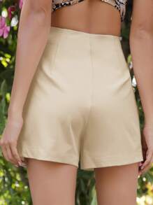 SHEIN Fold Pleated Solid Shorts - Beige - View 2