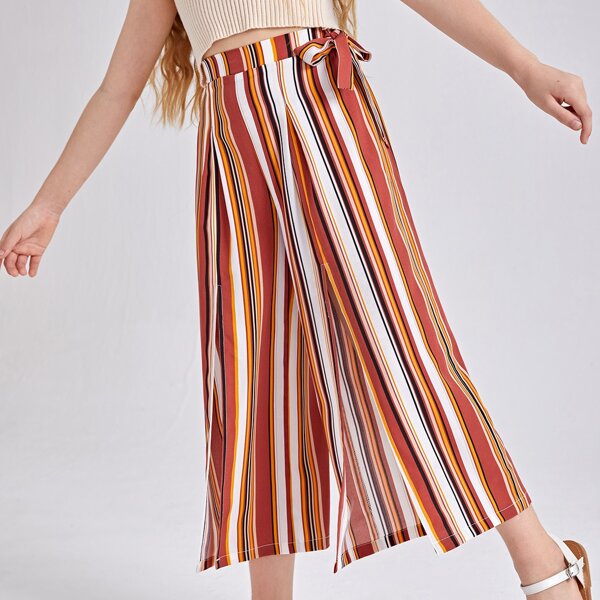 

Girls Knot Side Split Hem Striped Pants, Multicolor