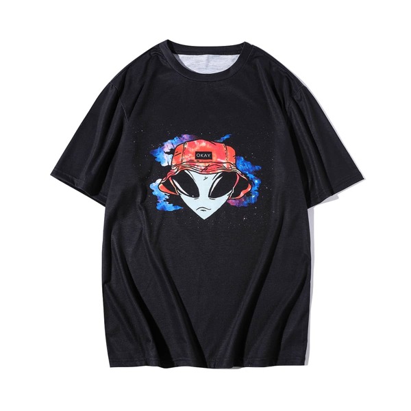 

Men Alien Print Crew Neck Tee, Black