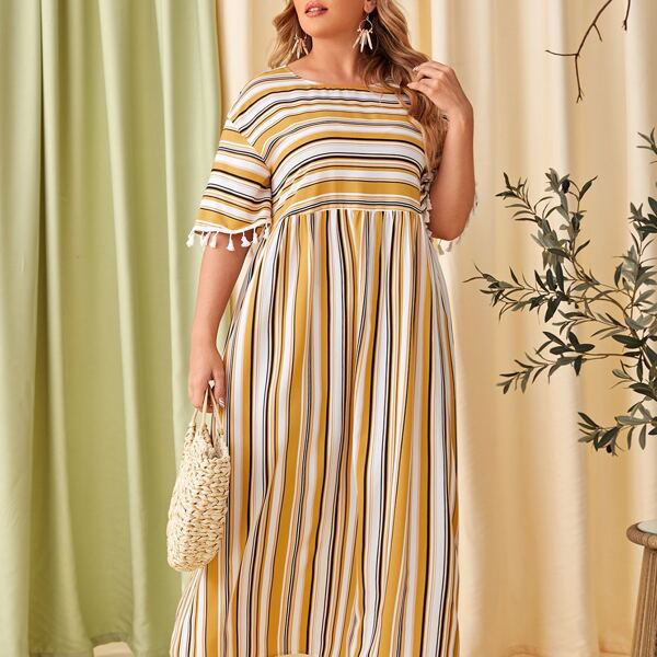 

Plus Tassel Trim Striped Dress, Multicolor