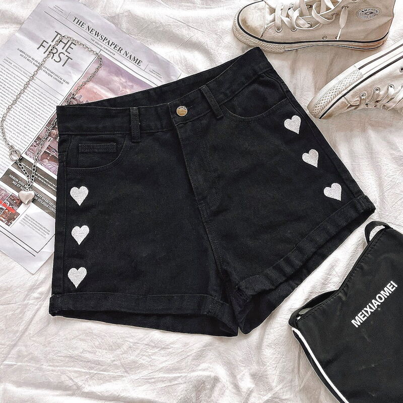 

Heart Embroidered Denim Shorts, Black
