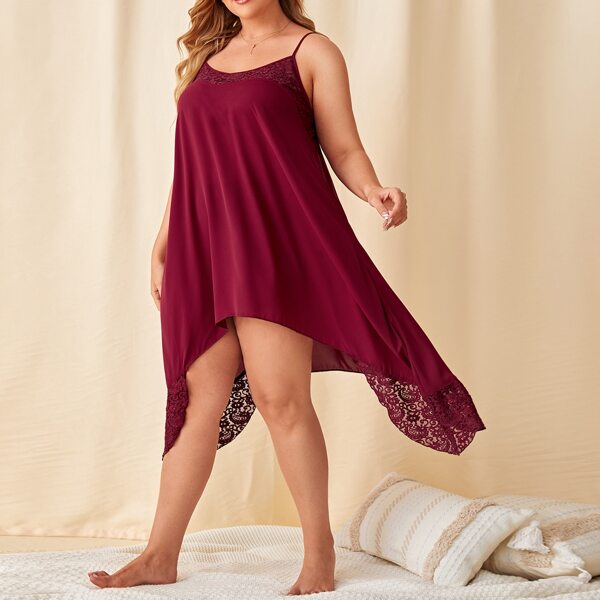 

Plus Lace Insert Asymmetrical Hem Sleep Dress, Burgundy