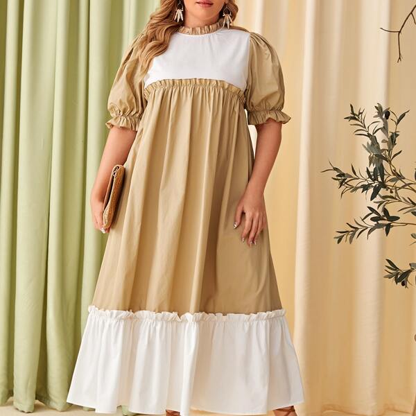 

Plus Two Tone Frill Neck Layered Hem Dress, Multicolor