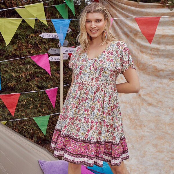 

Plus Floral Print Dress, Multicolor