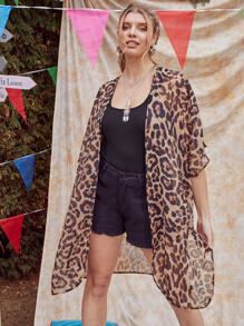 SHEIN Plus Batwing Sleeve Leopard Kimono, For Summer Beach Vacation - Multicolor - View 3