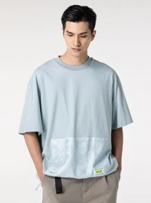 男士落肩字母和迷彩貼布細節T恤 - 淺藍色 - 查看 1