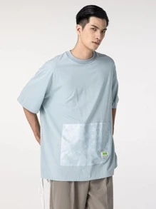 男士落肩字母和迷彩貼布細節T恤 - 淺藍色 - 查看 4
