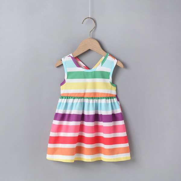 

Baby Girl Rainbow Striped Criss Cross Tank Dress, Multicolor