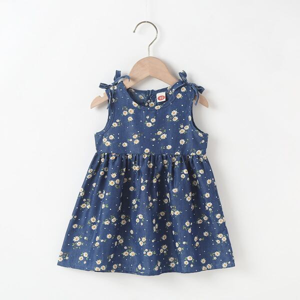 

Baby Girl Ditsy Floral Bow Shoulder Denim Dress, Dark wash