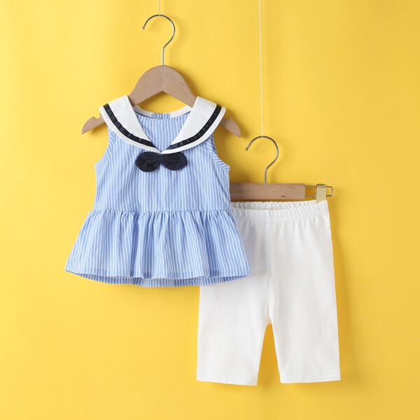 

Baby Girl Sailor Collar Bow Peplum Blouse With Biker Shorts, Blue and white