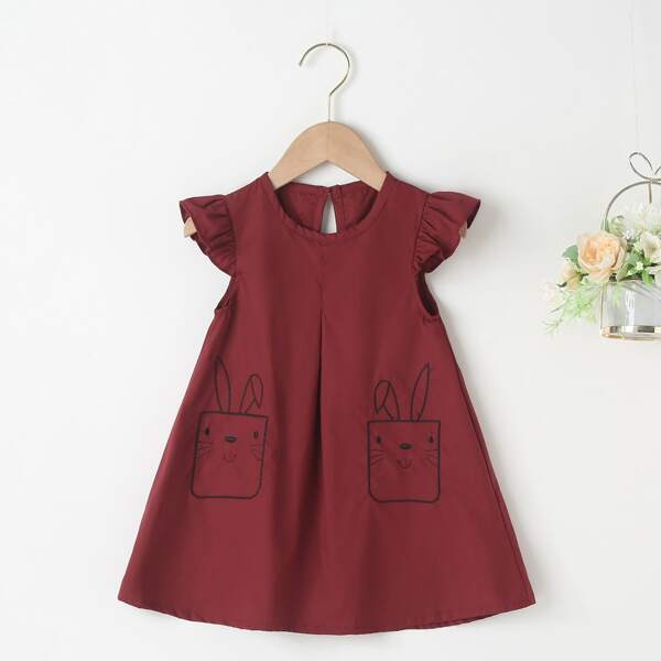 

Toddler Girls Cartoon Embroidery Ruffle Cuff Dress, Burgundy