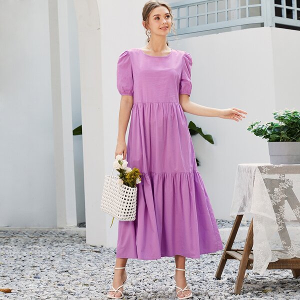 

Solid Ruffle Hem Longline Dress, Purple