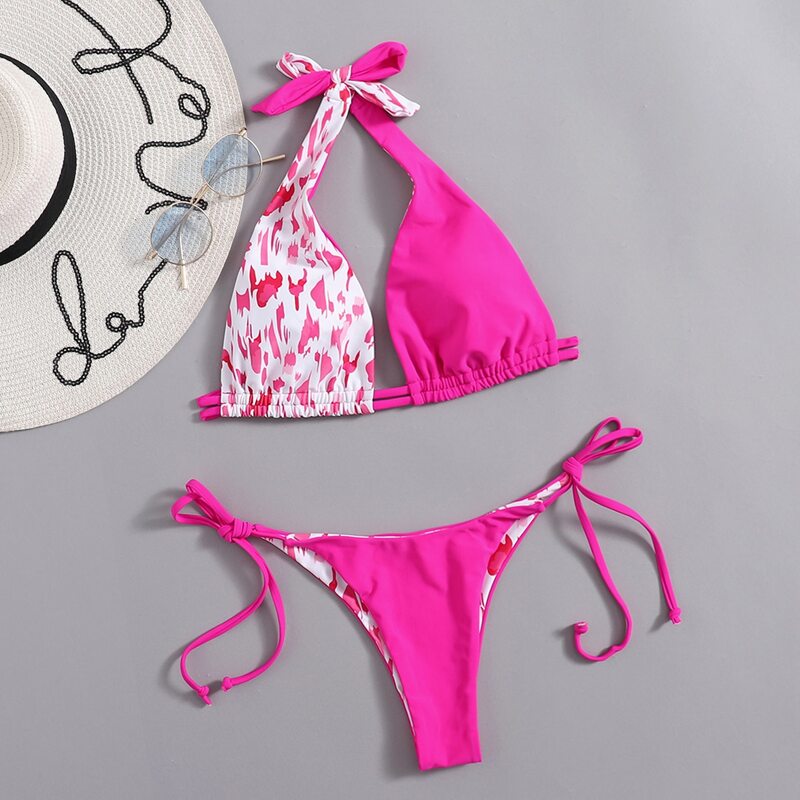 

Halter Tie Side Bikini Swimsuit, Multicolor