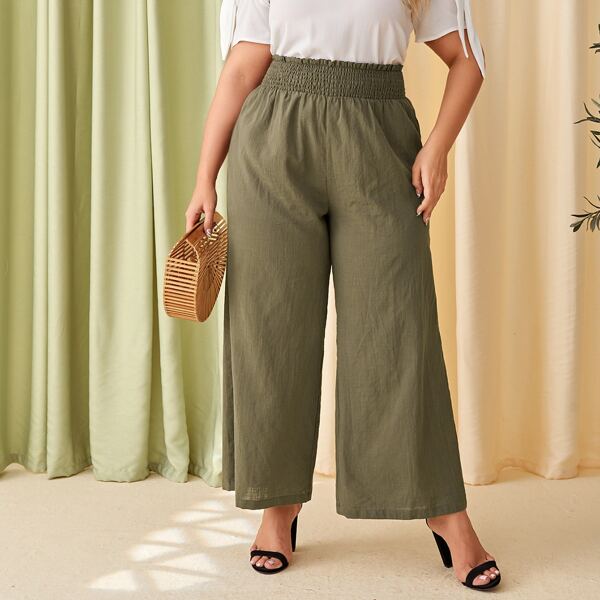 

Plus Shirred Waist Solid Pants, Army green