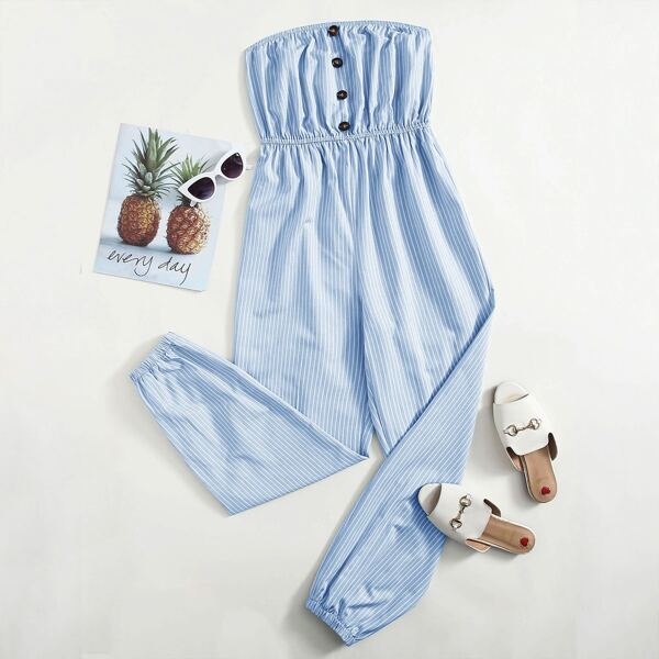 

Striped Button Front Tube Jumpsuit, Baby blue