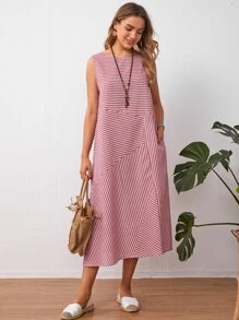 條紋無袖直筒洋裝 - 紅白色 - 查看 1