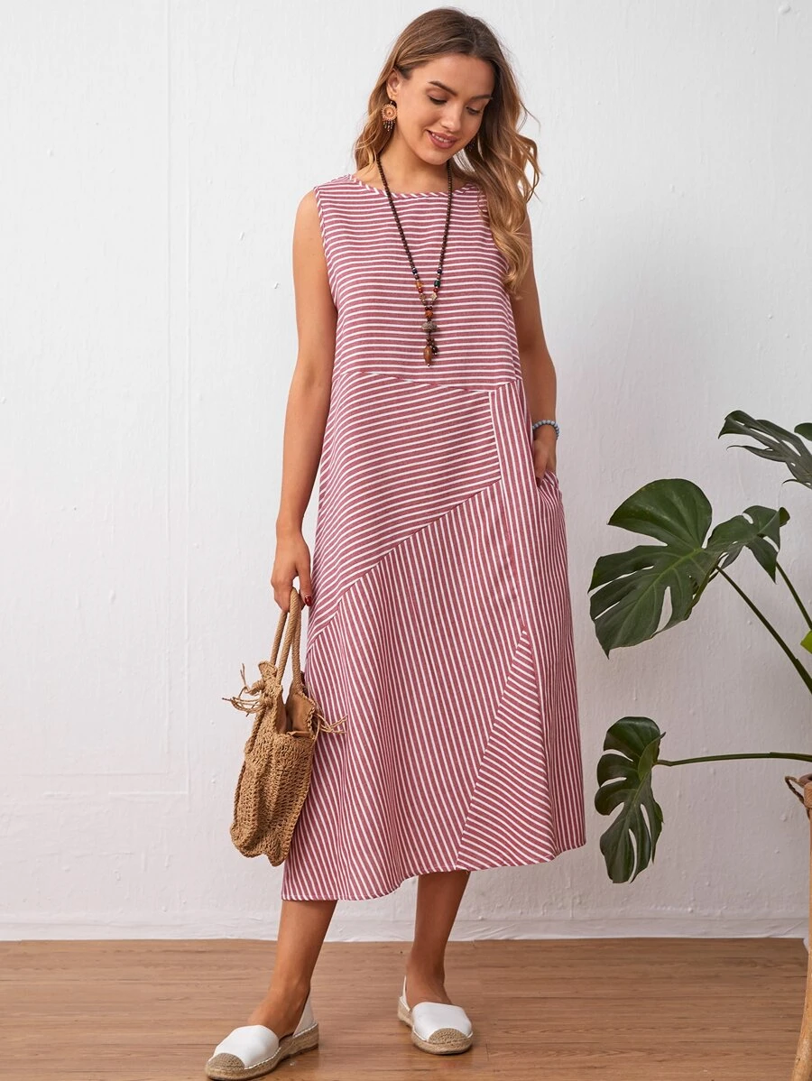 條紋無袖直筒洋裝 - 紅白色 - 查看 1
