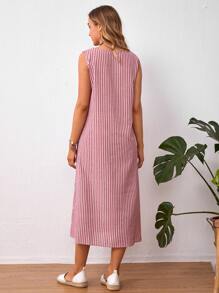 條紋無袖直筒洋裝 - 紅白色 - 查看 2