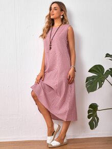 條紋無袖直筒洋裝 - 紅白色 - 查看 3