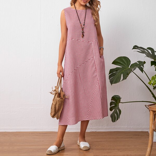 

Striped Sleeveless Tunic Dress, Red and white