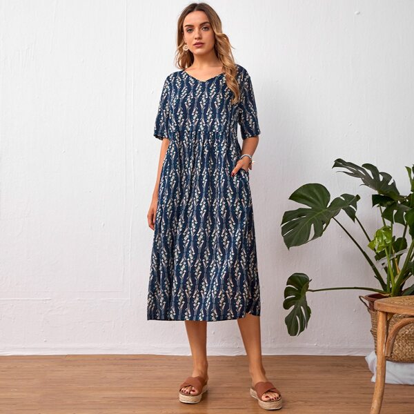 

All Over Floral Print V Neck Dress, Multicolor