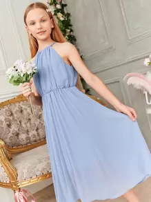 SHEIN Vestido niña ceremonia de gasa plegado halter - Azul - Ver 1