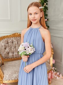SHEIN Vestido niña ceremonia de gasa plegado halter - Azul - Ver 5