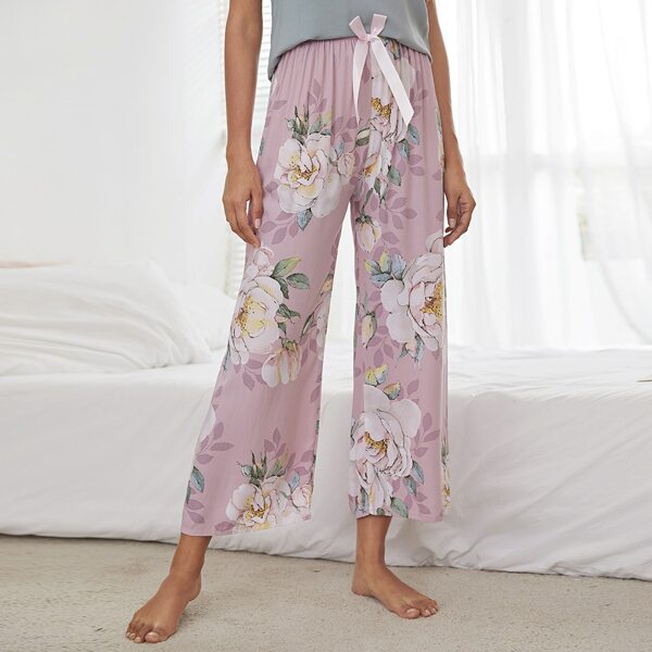 

Floral Print Bow Front Sleep Pants, Baby pink