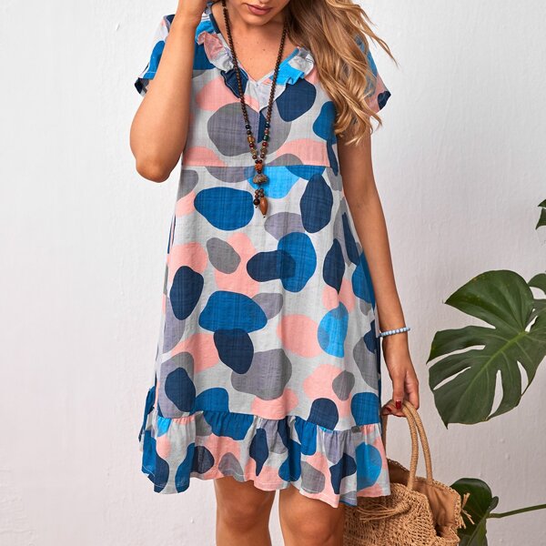 

Платье с графическим принтом с оборками, Многоцветный