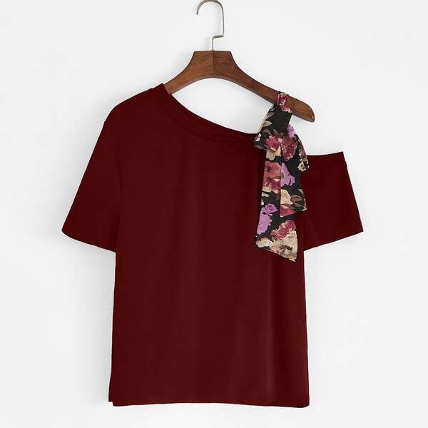 

Plus Floral Print Knot Shoulder Tee, Maroon