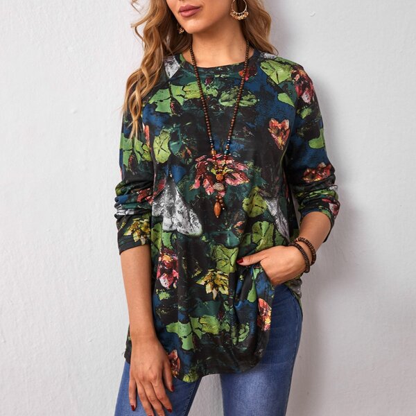 

Lotus & Lotus Leaf Print Raglan Sleeve Tee, Multicolor