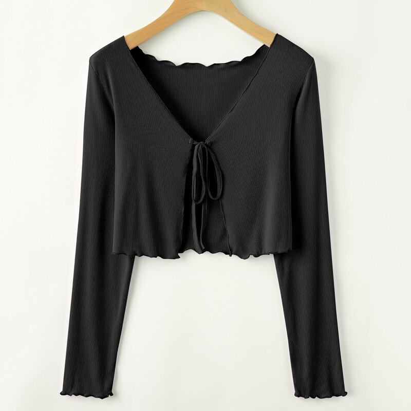

Solid Tie Front Ribbed Crop Top, Black