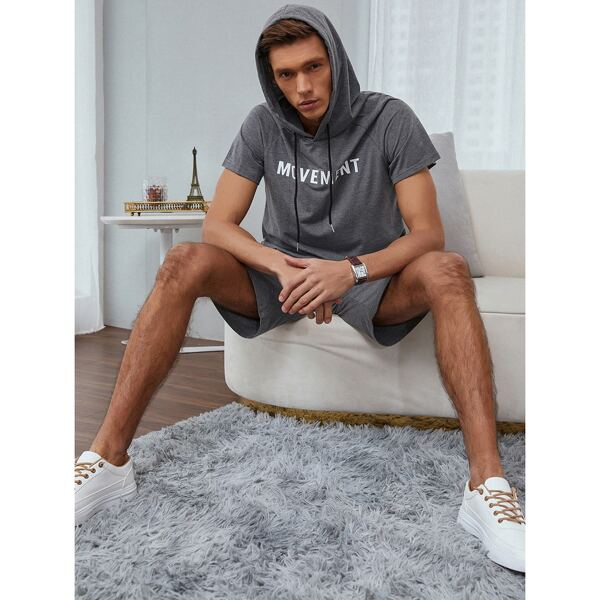 

Men Letter Graphic Hooded Tee With Track Shorts, Grey