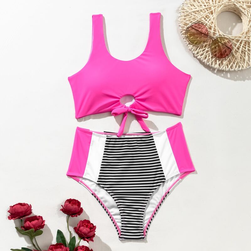 

Striped Print Knot Bikini Swimsuit, Multicolor