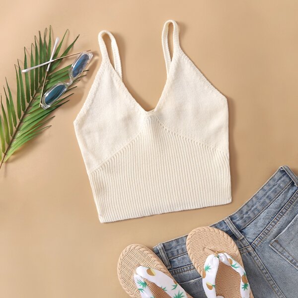 

Solid Rib Knit Top, Beige