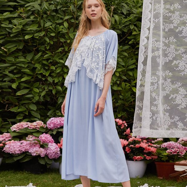 

Contrast Embroidery Mesh Scoop Neck Nightdress, Dusty blue
