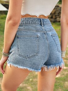 Shorts mezclilla desgarro bajo crudo con cuenta de perla - Lavado ligero - Ver 3