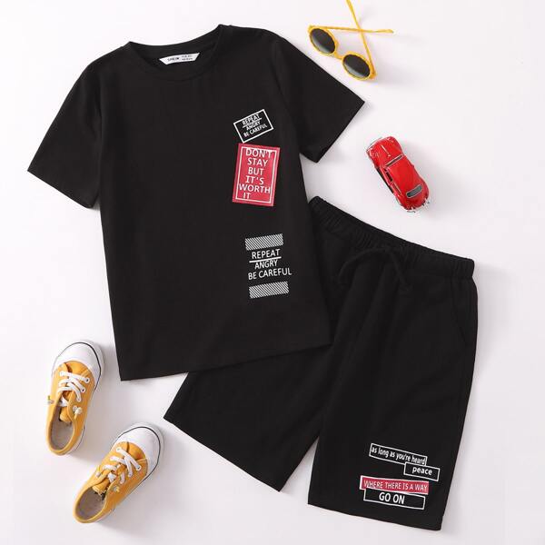 

Boys Slogan Graphic Tee & Track Shorts Set, Black