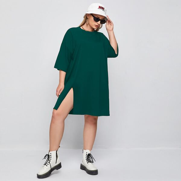 

Plus Split Hem Drop Shoulder Tee Dress, Dark green