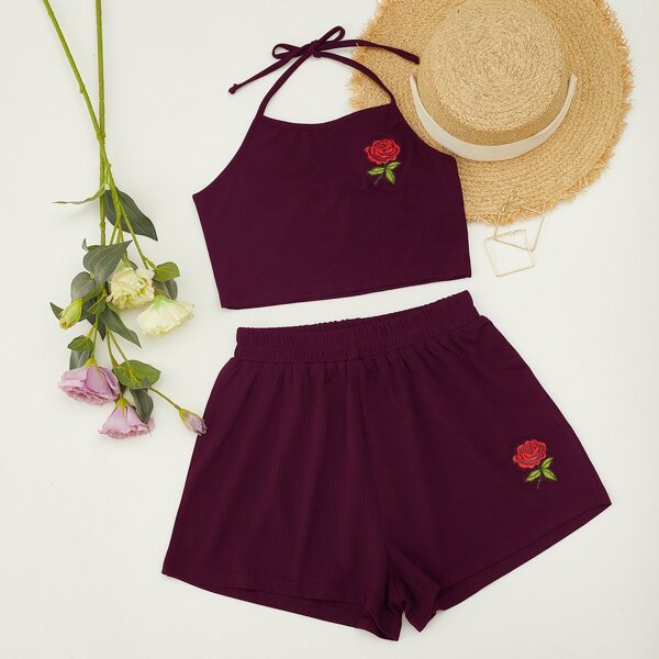 

Embroidered Flower Halter Top & Shorts Set, Purple
